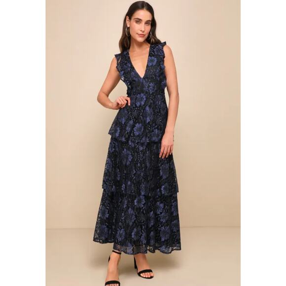NEW Lulus Molinetto Navy Blue Lace Ruffled Tiered Sleeveless Maxi Dress - Picture 1 of 14